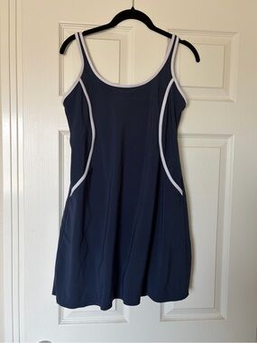 Navy Swim Dress with White Piping